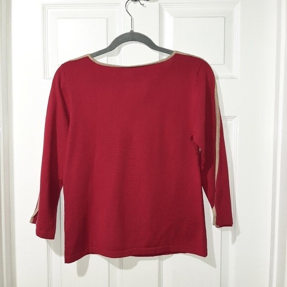 Kasper Stretchy Crop Sweater Knitted Top Red with Tan Accent 3/4 Sleeve Size M - Picture 4 of 13